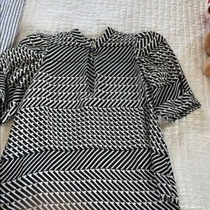 Joie Black and White Puff Sleeve Blouse with Mandarin Collar